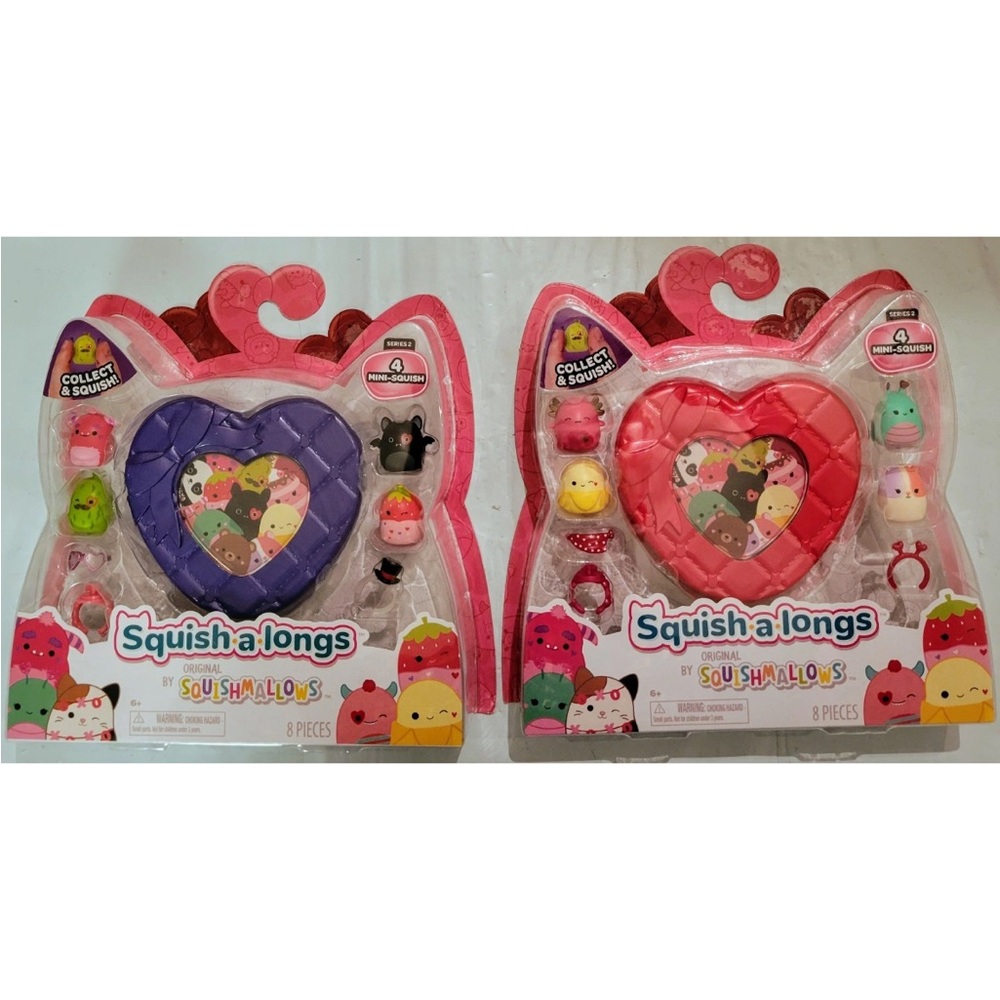 2 Squishmallows Squish-a-Longs Valentine's 8 Piece Purple Red Set Series 2
